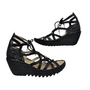 Fly London Yuke Sandal Wedge Heel Strappy Lace up Black Leather EU 38 US 7.5-8
